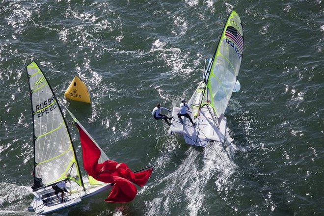 Pavel Kalinchev and Pavel Karachov (RUS) and Ryan Pesch and Trevor Burd (USA) in 49er fleet - Miami OCR 2012 ©  Rolex/Daniel Forster http://www.regattanews.com